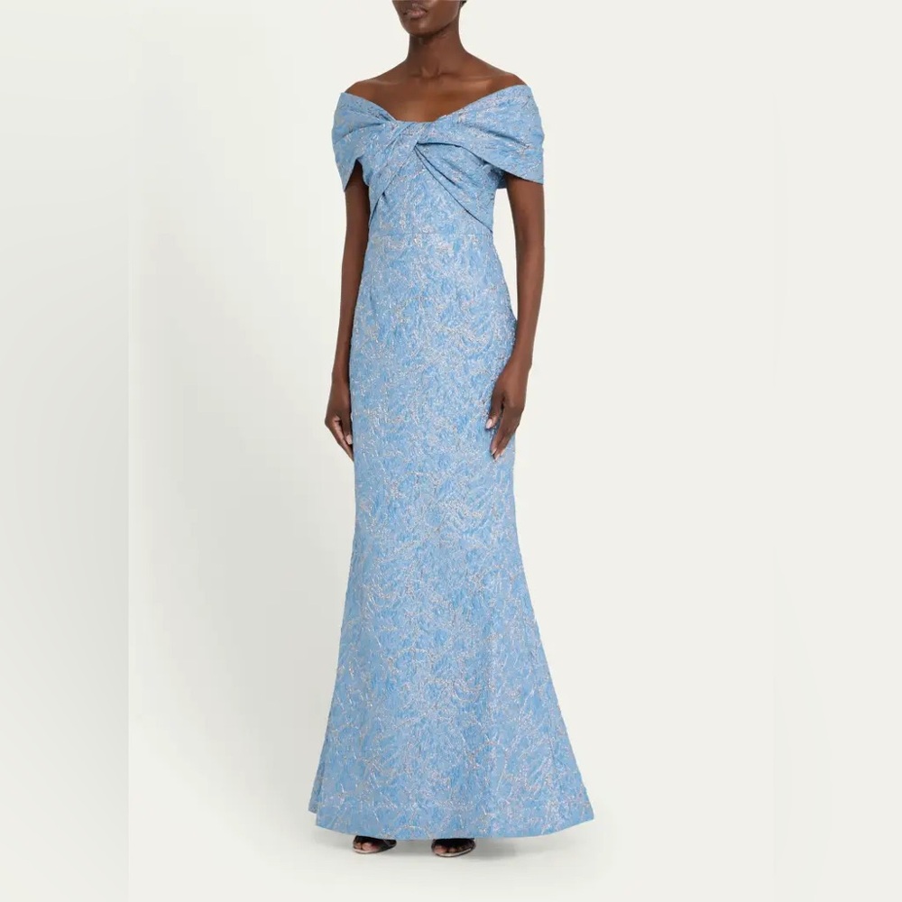 Teri Jon Off-Shoulder Metallic Jacquard Gown